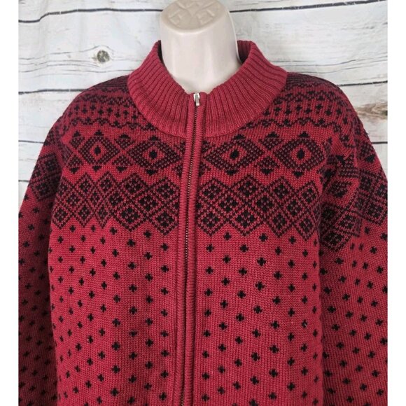 Lands End Red 100% Wool Sweater Cardigan L 14-16 Womens Fair Isle Full Zip - Picture 3 of 7
